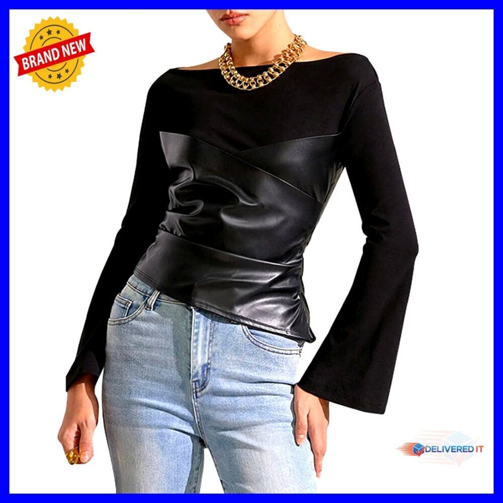 Faux Leather Tank Top with Long Sleeves Asymmetrical Hem Zipper Closure